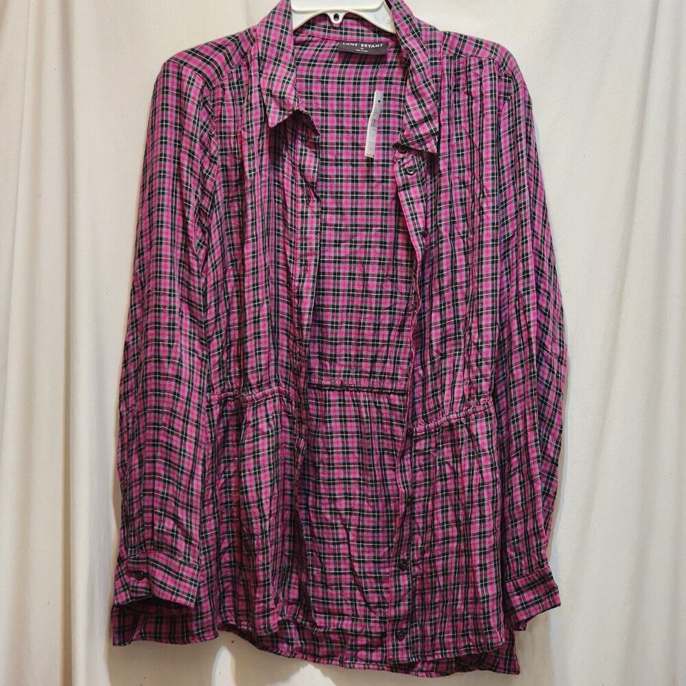 Lane Bryant Pink & Black Plaid L/S Top Collared Button Front Plus Size 20 New